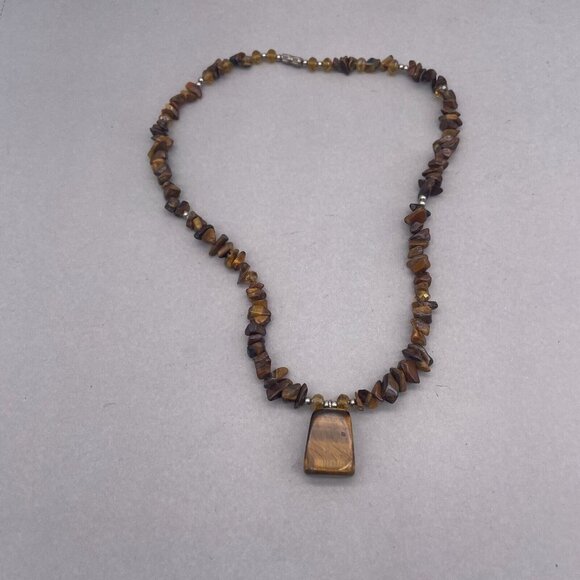 Tiger Eye Gemstone Chip Necklace Silver Tone Beads 18in - Picture 5 of 5